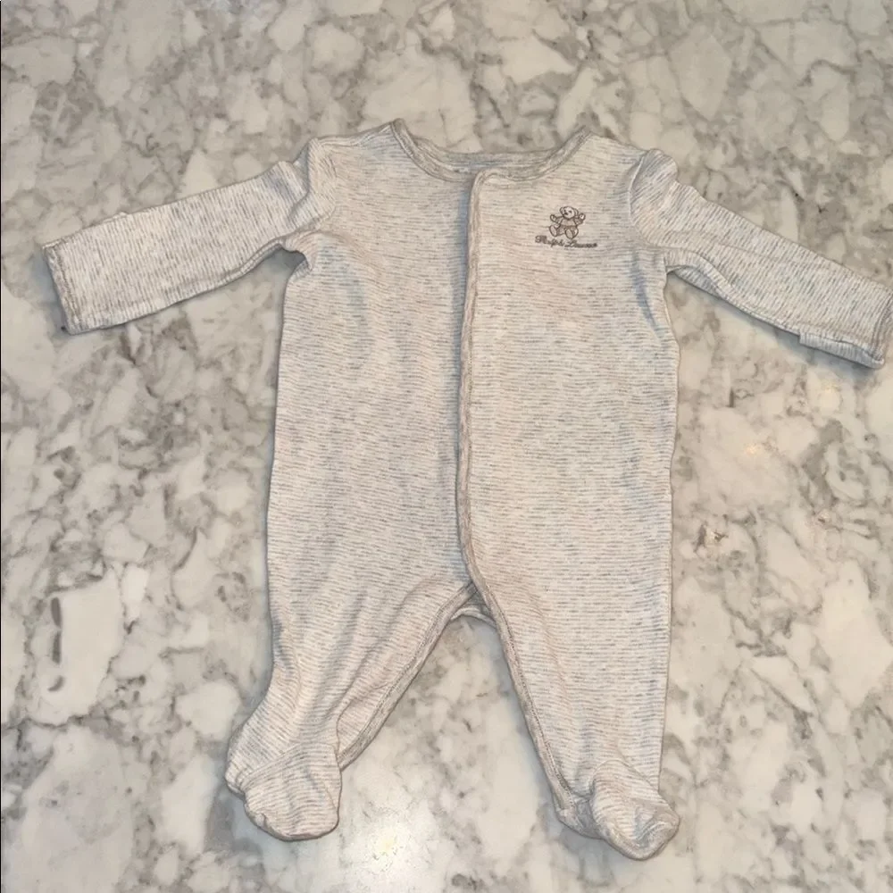 RALPH LAUREN STRIPE GREY/WHITE TEDDY FOOTIE 3M
